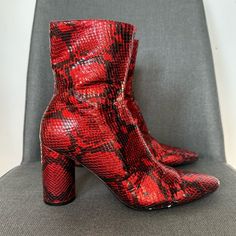 Balenciaga Leather Snake Print Ankle Boots Very Good Condition Moderate Scuffing At Exterior Some Print Is Peeling Off A Bit In The Photos Color : Metallic Red / Black Concealed Zip Closure At Sides Resoled Heels: 3.75" Shoe Size: 8.5 / It 38.5 No Box , No Dust Bag Shoes Balenciaga, Balenciaga Leather, Balenciaga Shoes, Photo Colour, Snake Print, Bootie Boots, Balenciaga, Ankle Boots, Dust Bag