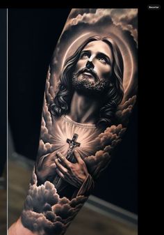 Religious Arm Sleeve Tattoos, Memorial Back Tattoos, God Tattoos Men, Jesus Tatoos Ideas, Jesus Tattoo Men, Small Angel Tattoo Men, Jesus Piece Tattoo, Black Jesus Tattoo, Jesus Sleeve Tattoo