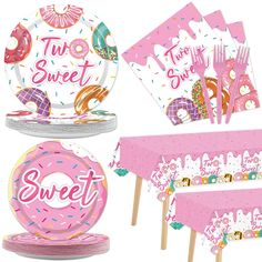 a pink tableware set with donuts, plates and napkins that say two sweet