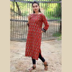 "Our Every Product is Made from Local Handmade Fabric they are either Hand Block Printed Or Hand Woven Plus Natural Dyed This kurti is designed to wear for daily and for your comfortableness at work. simple straight natural coloured just a kurti.  Featuring with boat neck , Three fourth sleeves , Two side pockets,  over sizes orders are welcome and we respect I have mentioned size guide till 2XL for further sizes you please message me with your contact number in the penalisation option.  Size S (Approx  US-6 | UK 8 | EU 36) SOLDER | BUST | WAIST | HIP | SLEEVES | LENGTH 15\" | 37\" | 32\" | 41\" | 16\"| 42\" 38cm |93cm|81cm|104cm|40cm|107cm Size M (Approx  US-8 | UK 10 | EU 38) SOLDER | BUST | WAIST | HIP | SLEEVES | LENGTH 15.5\"|39\"|34\"|43\"|16\"|42\" 40cm|99cm|86cm|109cm|40cm|107cm Si Three Fourth Sleeve Designs For Kurti, Red Kurta With Printed Motifs For Summer, Summer Red Kurta With Printed Motifs, Red Summer Kurta With Printed Motifs, Casual Bandhani Print Festive Kurta, Casual Bandhani Print Kurta For Festive Occasions, Casual Long Sleeve Kurta With Bandhani Print, Casual Straight Kurta For Summer, Casual Red Cotton Kurta