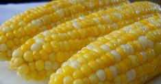 corn on the cob is sitting on a white plate