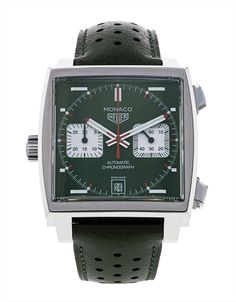 Green Chronograph Watch With Rectangular Dial, Green Watches With Rectangular Dial And Analog Display, Green Automatic Chronograph Watch For Business, Modern Green Watch With Rectangular Dial, Modern Green Watch Accessories With Rectangular Dial, Green Leather Chronograph Watch, Formal Green Chronograph Watch With Tachymeter, Green Business Watches With Subdials, Luxury Green Chronograph Watch With Tachymeter