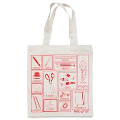 a red and white shopping bag with sewing related items on the front, including scissors