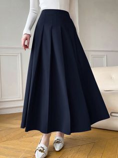 Women's Solid Color Pleated Long Elegant Commuter Skirt Navy Blue Casual   Woven Fabric Plain Flared Non-Stretch  Women Clothing, size features are:Bust: ,Length: ,Sleeve Length: Silk Headband, Straight Lace Front Wigs, Womens Shoes High Heels, Modest Fashion Outfits, Kids Sleepwear, Flare Skirt, Modest Fashion, A Line Skirts, Women Clothes Sale