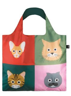 a multicolored shopping bag with four cats on it's front and sides