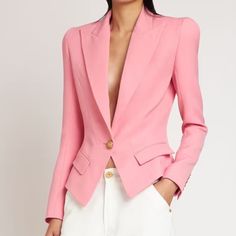 Front Button Closure Padded Shoulders Button Cuffs Two Front Flap Pockets Gold Tone Buttons Luxury Pink Blazer With Button Closure, Designer Spring Blazer With Buttons, Pink Blazer With Suit Collar And Buttons, Designer Spring Blazer With Button Closure, Pink Workwear Blazer With Button Cuffs, Elegant Pink Button-up Blazer, Luxury Pink Blazer With Buttons, Luxury Button-up Blazer For Spring, Designer Spring Blazer With Button Cuffs