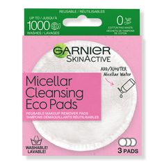 SkinActive Micellar Cleansing Eco Pads, Reusable, 3 Pack - MICELLAR ECO PADS 3CTBenefitsAn ultra-soft reusable microfiber pad that activates with Micellar Cleansing Water to thoroughly remove makeup and cleanse skinRe-usable, lasts up to 1,000 washesZero Cotton Pad WasteHand wash with soap and water after each useRemoves tough makeup even the leading wipes can't, leaves less waterproof mascara residue. Use Waterproof Micellar Cleansing Water and Reusable Eco Pads - SkinActive Micellar Cleansing Garnier Micellar Water, Garnier Micellar Cleansing Water, Makeup Remover Pad, Waterproof Makeup Remover, Garnier Skinactive, Garnier Micellar, Pads Tampons, Eco Friendly Beauty, Cleansing Pads