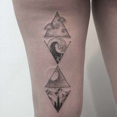 a woman's thigh with an abstract tattoo design on the side of her leg