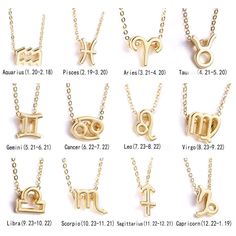 zodiac necklaces are shown in different styles and sizes, including one with an astro sign