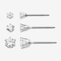 This smart CZ stud earring set is a great way to add a little—or a lot—of sparkle to your look. Dial the dazzle down with one pair or bling it on using all three pairs with multiple piercings. Lead and Nickel free.Metal: Silver-tone MetalStones: Cubic ZirconiasDimensions: 3-5mmJewelry photos are enlarged to show detail.Bead Type: Cubic Zirconia# Pieces In Set: 3 PairIncluded: 3 Pair of EarringsFeatures: Hypoallergenic, Nickel FreeEarring Back: PostMetal Color: Silver ToneEarring Length: 5mmEarring Width: 5mmCare: Wipe CleanStone Type: 6 Cubic ZirconiaEarrings Style: Stud EarringsEarrings Type: Earring SetsCountry of Origin: Imported Multiple Piercings, Earring Sets, Cz Stud Earrings, Cubic Zirconia Earrings, Stud Earrings Set, Stud Earring, Jewellery And Watches, Earring Set, Piercings