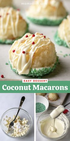 coconut macaroons with white frosting and green sprinkles on top