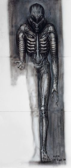 a drawing of an alien standing in front of a wall with his hands on his hips