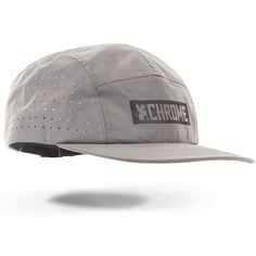 a grey hat with the word chrome on it's front and side paneling