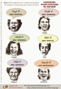 an arabic poster with different expressions on the same language as people's heads and speech bubbles