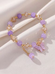 Purple  Collar  Glass   Embellished   Women Fashion Jewelry Cute Butterfly Bracelets, Jewelry Accessories Necklace, Beaded Bracelets Big Beads, Purple Bracelet Preppy, Purple Accessories Jewelry, Beaded Charm Bracelets, Purple Bracelets Beads, Purple Jewelry Aesthetic, Cute Purple Outfits