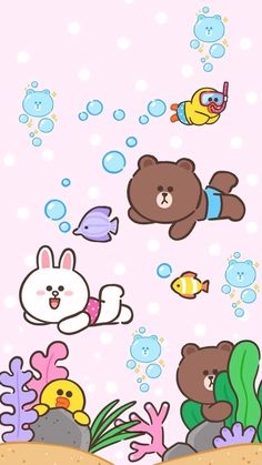 a cartoon bear and other animals swimming in the ocean