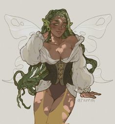 a drawing of a woman with green hair and wings on her chest, wearing a costume