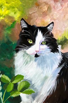 a painting of a black and white cat with green eyes sitting in front of flowers