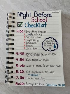 a notebook with the words night before school checklist written on it