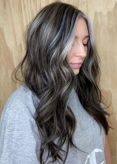 Mushroom Brown Hair With Silver Highlights, Dark Ashy Brown With Highlights, Dark To Gray Hair, Hair Darker Underneath, Cool Brown Hair With Icy Highlights, Blending Greys With Highlights, Silver Grey Highlights On Brown Hair, Black Hair Ash Brown Highlights, Lived In Grey Hair