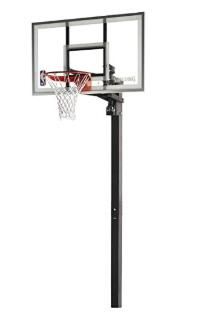 the basketball hoop is mounted on top of a metal pole with an adjustable backboard