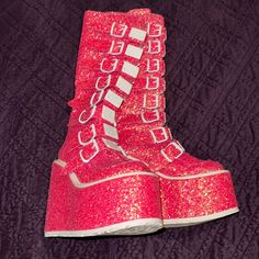 Nwot 6” Heel 3” Platform Pink Glitter High Heel Boots, Pink Sequined Round Toe Heels, Pink Glitter Accented Round Toe Boots, Pink Glitter Accents Round Toe Boots, Pink Glitter Boots With Round Toe, Glitter Boots With Round Toe, Shoes Demonia, Demonia Shoes, Glitter Boots