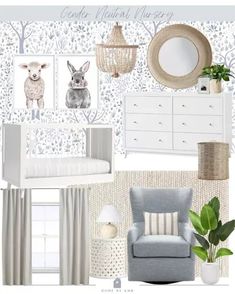 a baby's room with white furniture and accessories