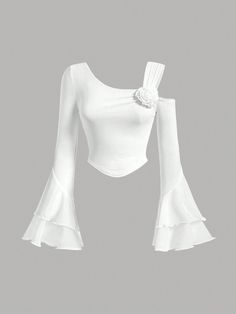 White Asymmetrical Collar T-shirt With Ruffle Sleeves White Casual  Extra-Long Sleeve Knitted Fabric Plain  Medium Stretch  Women Clothing, size features are:Bust: ,Length: ,Sleeve Length: Trip Clothes, T Shirt Branca, Asymmetrical Collar, Collar T Shirt, Neck Bow, Extra Long Sleeves, Collar Tshirt, Pinterest Closet, Ruffle Sleeves