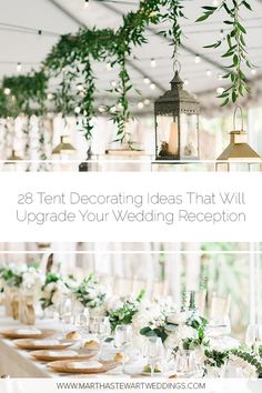 wedding reception tables with greenery hanging from the ceiling