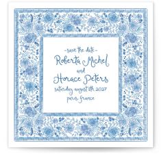 a blue and white wedding card with the words save the date, robert michael and frances peters