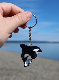 a hand holding a black and white orca whale keychain on the beach