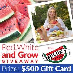 a woman eating watermelon with the words red, white and grow giveaway