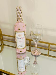 Beautiful hand decorated bottle with sparkling iridescent pink glitter. Gold and iridescent pink pearl gems throughout. Stunning pearl detail on the neck. Add name for the glass in the Note to Seller box during checkout. This bottle is sold empty and the gemstone cap is sealed shut. This glam bottle is the perfect addition to your room, a gift, or table centerpiece for your special occasion. Please contact me if a larger quantity is needed, or with any other questions.  Perfect to use for:  - home decor - bar/restaurant decor - birthday parties - weddings - special occasions Pink Glitter Champagne Bottle, Decorated Wine Bottles For Birthday, Bedazzled Wine Bottle, Blinged Out Liquor Bottles, 21st Birthday Bottle Decoration, Glitter Liquor Bottle Diy, Bedazzled Champagne Bottle, Decorated Bottles For 21st