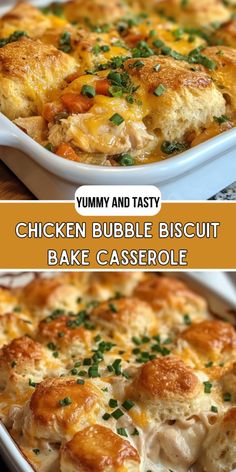 chicken bubble biscuit bake casserole in a white baking dish with text overlay