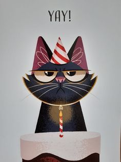 a card with a cat wearing a party hat and holding a candle in it's mouth