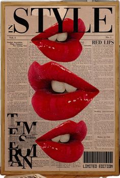 a magazine cover with three red lips on top of each other and the word style written in