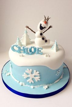 there is a frosted cake with a snowman on top