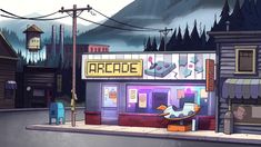 an animated image of a small store on the side of a road with mountains in the background