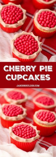 cherry pie cupcakes on a red and white tablecloth with text overlay