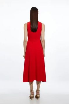 Tailored Crepe Full Skirted Midi Dress | Karen Millen Elegant A-line Midi Dress With Belt, Workwear Belted A-line Maxi Dress, Workwear A-line Maxi Dress With Belt, V-neck Belted Midi Dress For Office, Belted Midi Dress For Party, Chic Belted A-line Sleeveless Dress, Elegant Summer Dresses With Belt Detail, Formal Sleeveless Belted Maxi Dress, Elegant V-neck Dress With Belt Detail