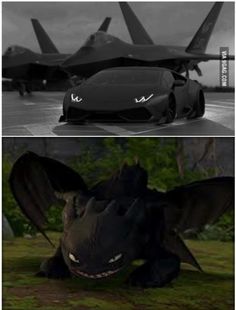 an image of a car and a dragon in front of a fighter jet with the caption's name on it