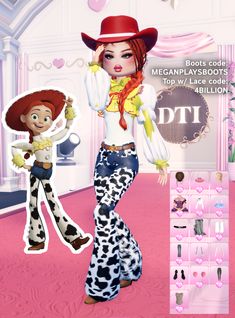 a woman in a cowgirl outfit standing next to a doll on a pink carpet