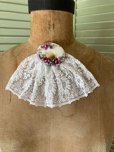 "Beautiful vintage 1920's creamy white tabor lace ladies jabot.  The jabot is gathered at the top and is held in place with a brooch (the porcelain brooch pictured is not included).  It measures 4\" wide x 8\" long and the top is gathered to a  1  1/2\" strip.  It is in very good condition. Please email me with any questions and thanks for looking!" Antique White Brooches For Wedding, Victorian White Wedding Brooches, Vintage White Wedding Brooches, Porcelain Brooch, Bib Collar, Creamy White, Scarf Accessory, Thing 1, Lace