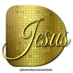 the word jesus is written in gold on a white background with a mosaic tile pattern