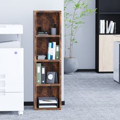 an office with a bookcase, printer and desk