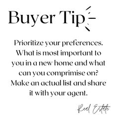 an advertisement with the words buyer tip written in black and white, on a white background