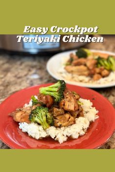 a red plate topped with chicken and broccoli on top of rice next to an instant pressure cooker