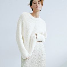 Nwt H&M Fluffy Sweater In Size Xs. Color Is Cream/Off-White (Might Look Slightly Pale Pink In Pictures, But It's Only Because Of The Red Carpet Reflecting On It! It's Completely Off-White In Real Life, See Model Picture). Cropped (Wouldn't Suggest For Super Tall Ladies Unless You Like It Cropped) With Long Sleeves. Fluffy Sweater, White Sweater, Tall Women, Model Pictures, The Red Carpet, White Sweaters, White Cream, Cream White, Pale Pink