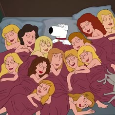 a group of people in bed with a dog