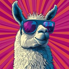 an alpaca wearing sunglasses with the sun shining behind it's head, in front of pink and red rays